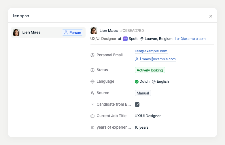 Spott Global Search matching a first name plus company query to a candidate, with a preview of their contact details, status, languages and current job title