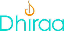 Logo text 'Dhiraa' with a stylized orange flame or leaf design above the letter 'i'.