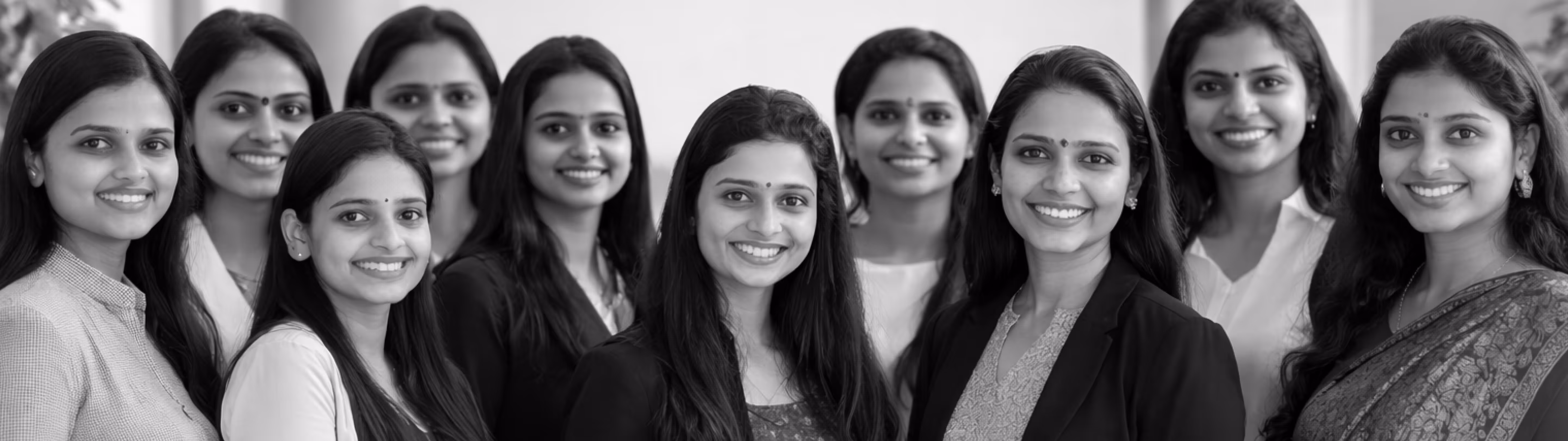 Group of ten smiling South Asian women standing close together indoors.