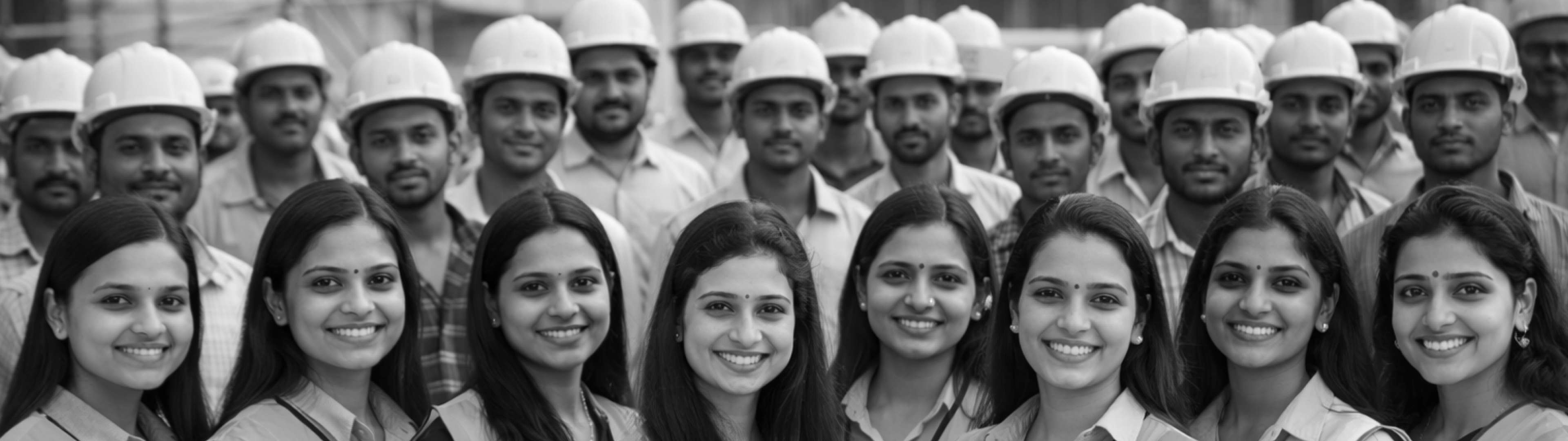 Group of smiling frontline workers with women in front and men wearing helmets in the background.