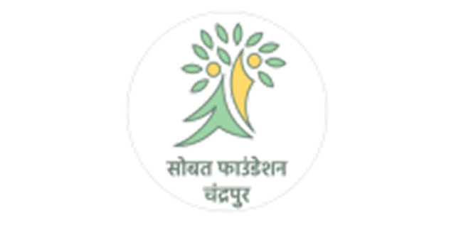 Circular logo with abstract design of two human figures in green and yellow under a tree with green leaves, with text in an Indian script below.