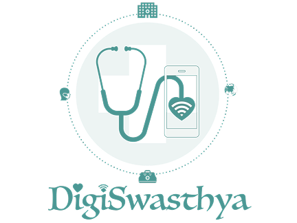 Logo featuring a stethoscope connected to a smartphone displaying a heart with a Wi-Fi symbol, representing digital health, with 'DigiSwasthya' text below.