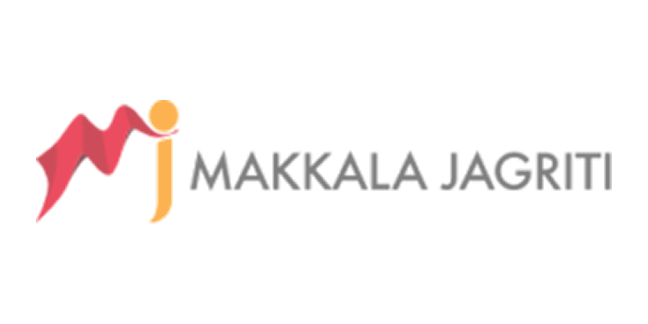 Makkala Jagriti logo with stylized initials red M and orange j.