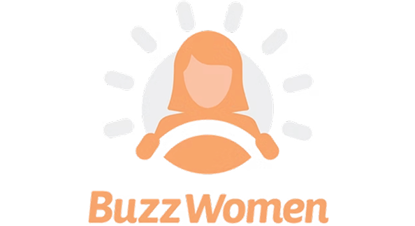 Logo of BuzzWomen featuring an orange silhouette of a woman with rays emanating behind her head.