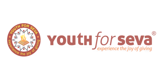 Youth for Seva logo with circular emblem and slogan 'experience the joy of giving'.