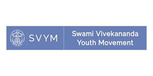 SVYM Swami Vivekananda Youth Movement logo and name on a blue background.
