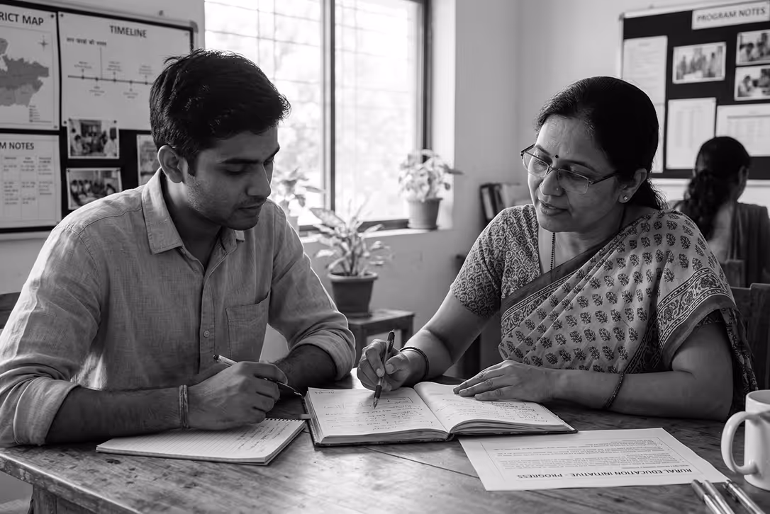 Teacher explaining notes to a student at a wooden table in a classroom setting.