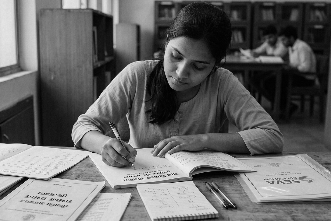 Young woman focused on writing and studying from books and notes at a table in a library.