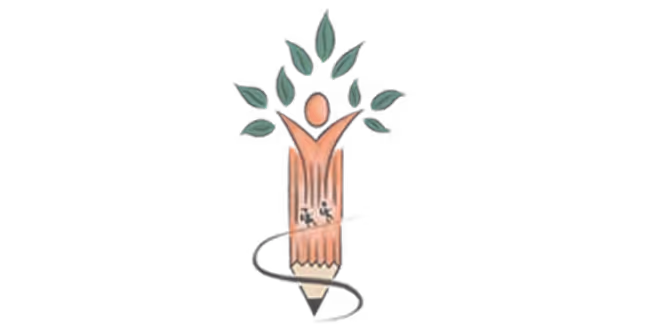 Logo combining a pencil and a person with raised arms, with green leaves sprouting from the top.