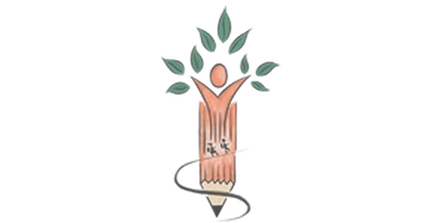 Logo combining a pencil and a person with raised arms, with green leaves sprouting from the top.