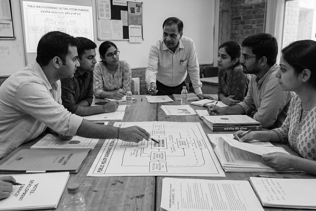 Group of seven people seated around a table in a meeting, discussing a large chart labeled 'Public Health Governance' with documents and notebooks.