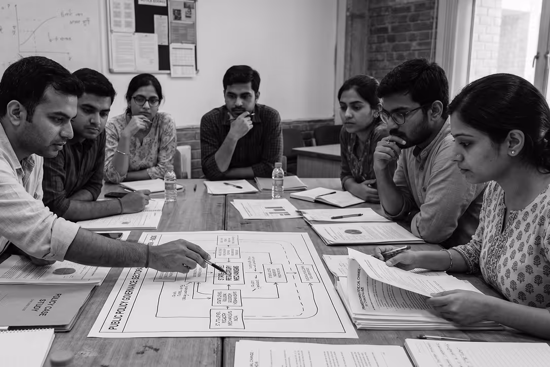 Group of seven people sitting around a table attentively discussing a flowchart labeled 'Public Policy Governing Sector' during a meeting.