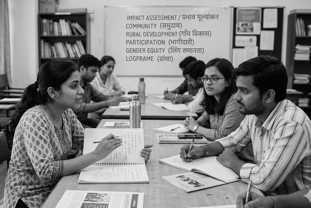 Group of young adults sitting around a table in a classroom discussing and taking notes, with words about community development and gender equity on a board behind them.