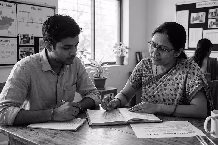 A woman in a saree and glasses teaching a young man seated at a wooden table with notebooks and papers in a classroom.
