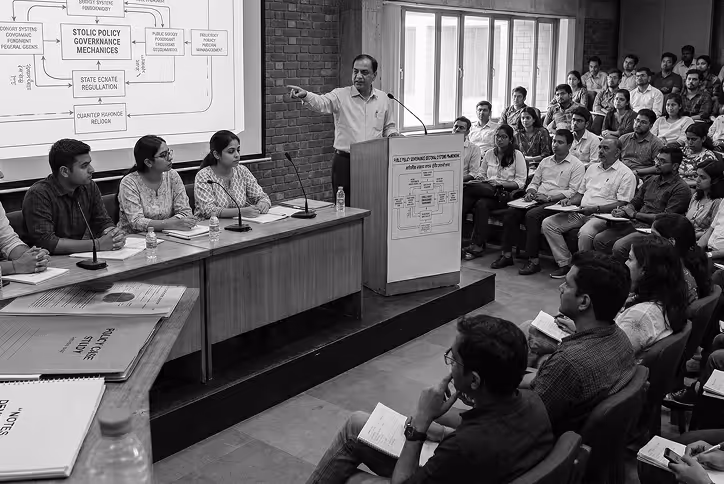 Man speaking at a podium in front of an audience in a classroom setting with a panel of four people seated at a table with microphones.