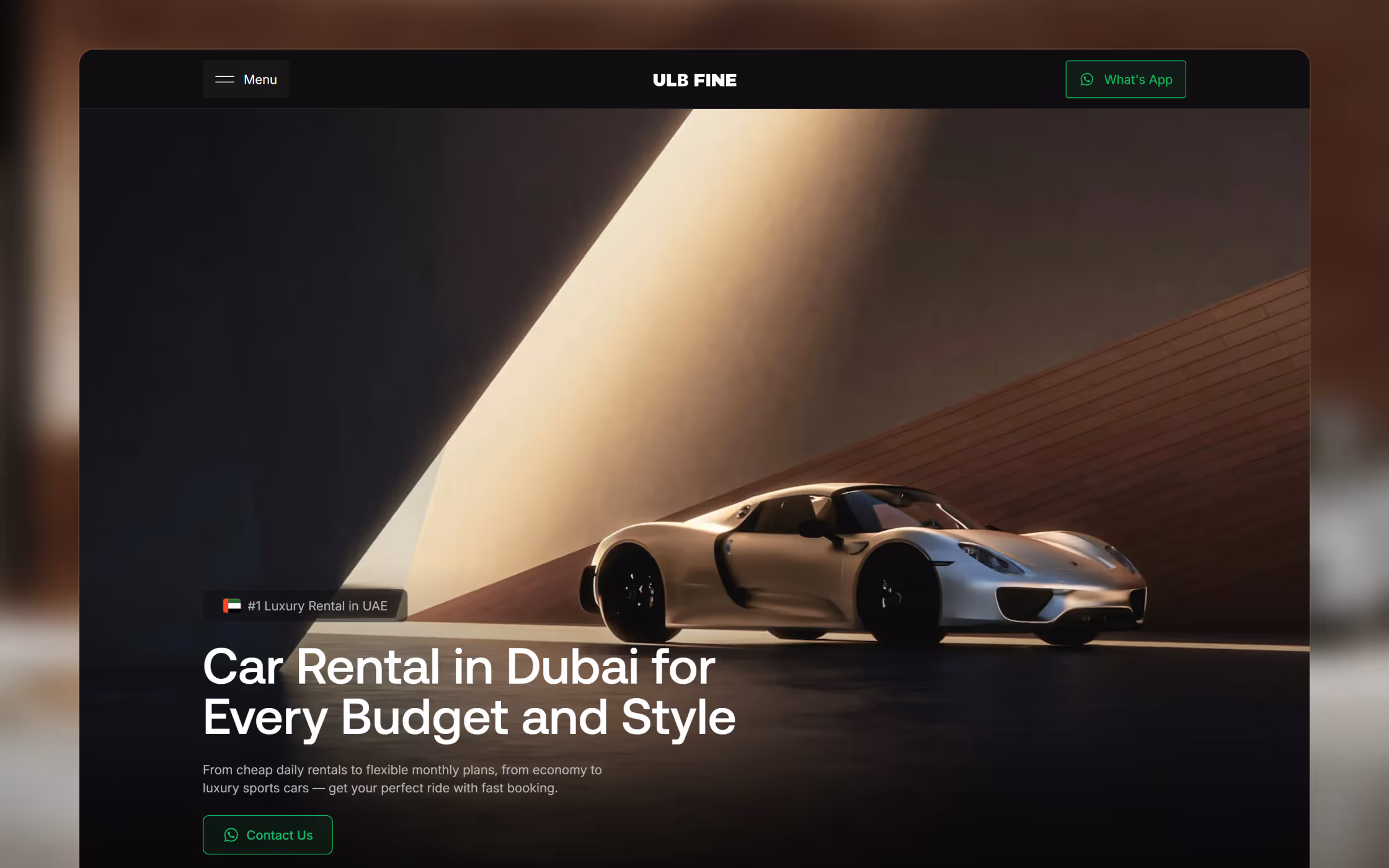 Sleek silver luxury sports car parked indoors under soft lighting with text promoting car rental in Dubai for every budget and style.