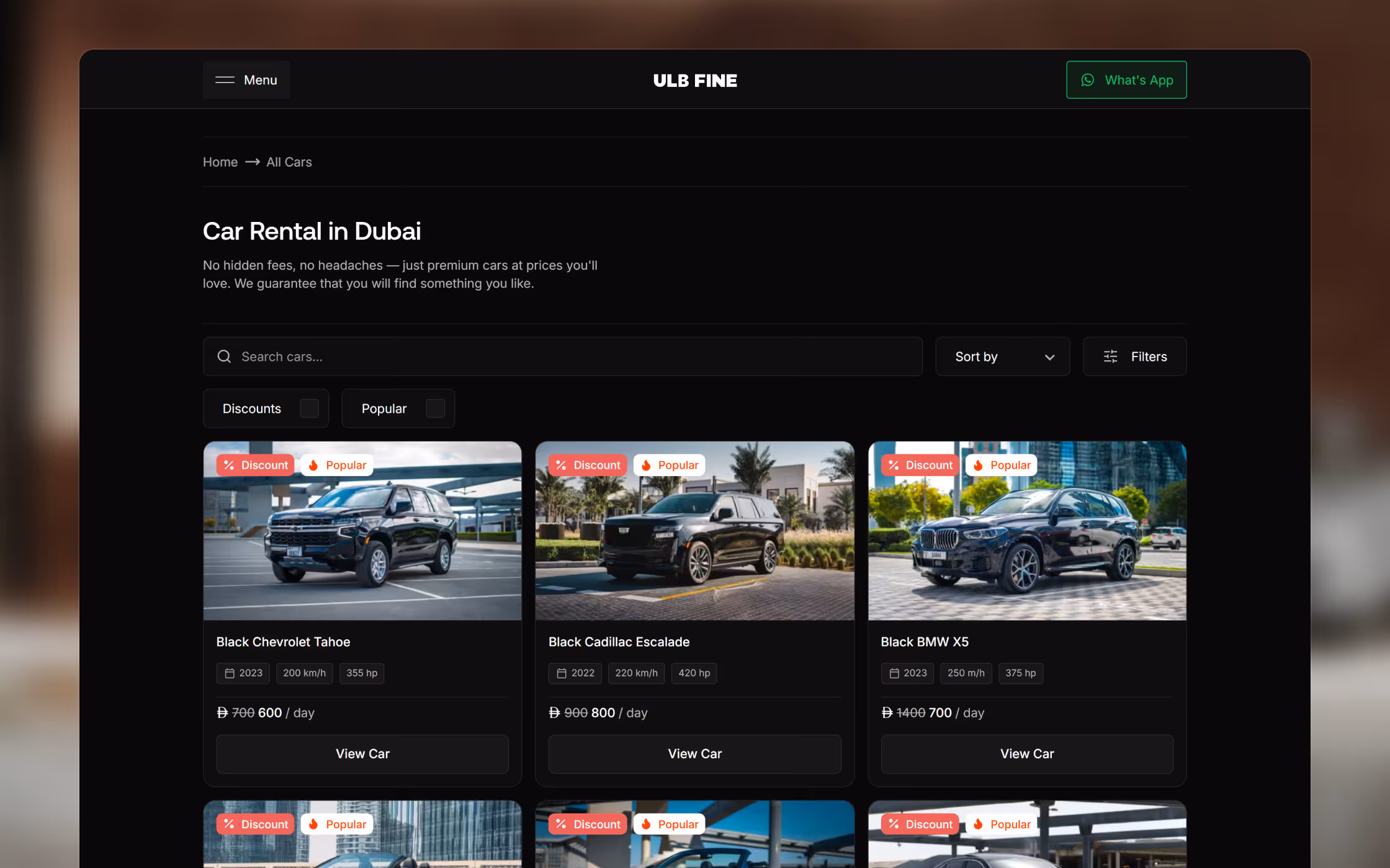Website interface for car rental in Dubai showing premium black cars including Chevrolet Tahoe, Cadillac Escalade, and BMW X5 with prices, discounts, and popularity tags.