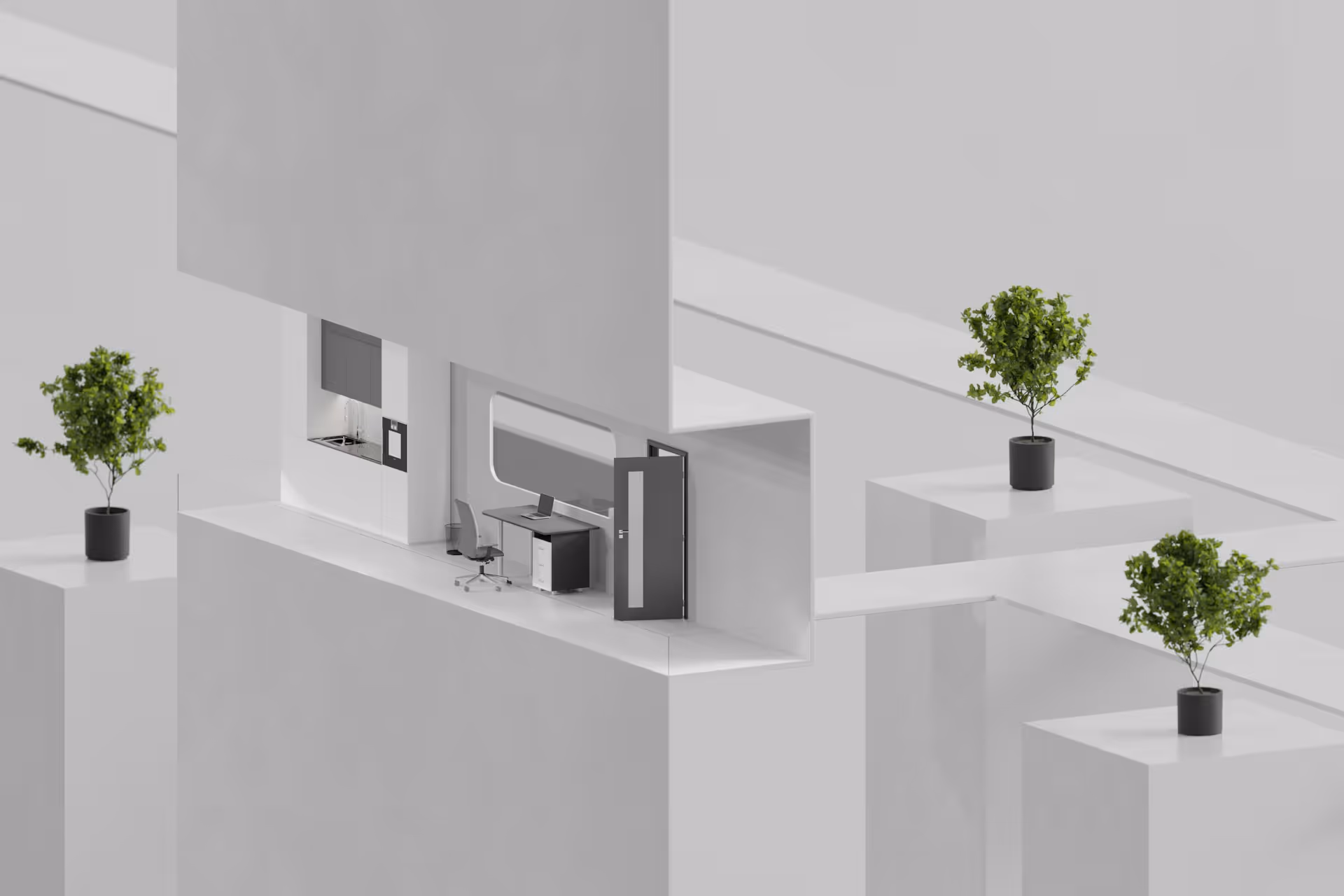 Minimalist modern office interior with a desk, computer, chair, and potted plants on elevated white platforms.