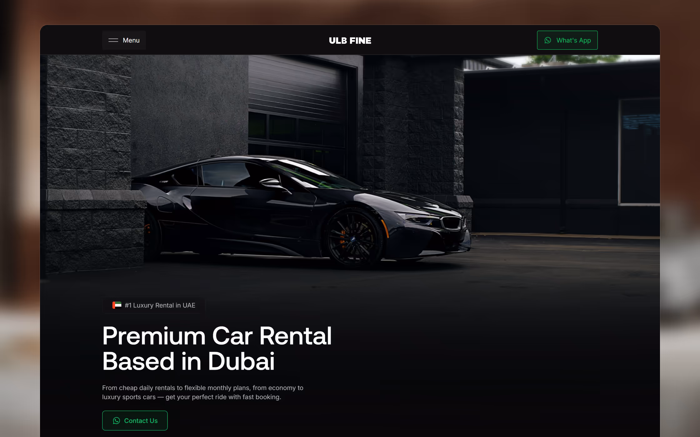 Sleek black sports car parked in a modern, dark urban setting with text advertising premium car rental based in Dubai.