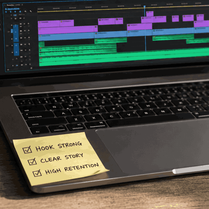 Laptop keyboard and screen showing video editing timeline with a yellow sticky note listing 'Hook Strong,' 'Clear Story,' and 'High Retention' all checked off.