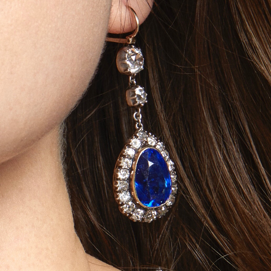 An exquisite pair of Victorian diamond and natural Burmese sapphire earrings