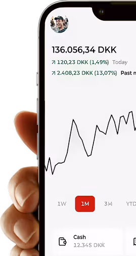 Hand holding a smartphone showing a financial app with a line graph and account balance in Danish kroner.