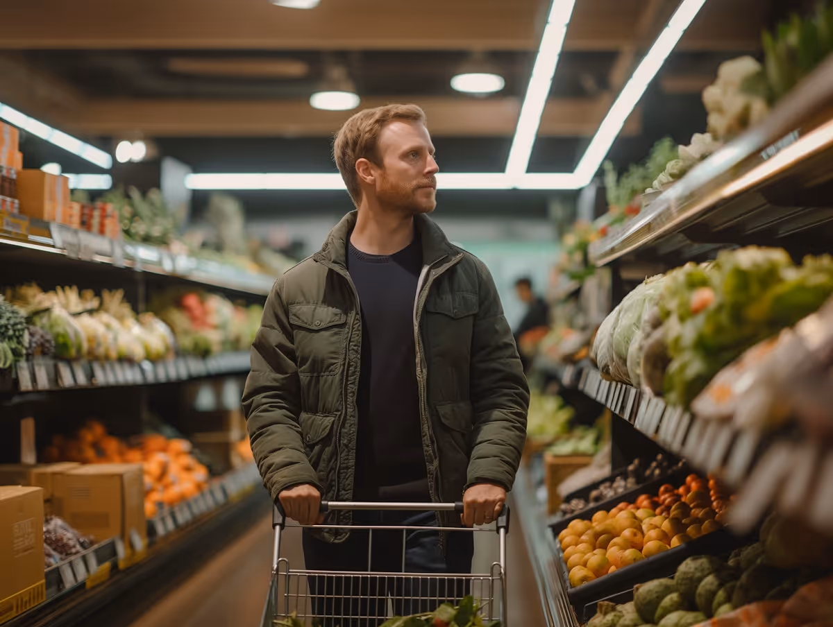 Man pushing a shopping cart in a grocery store aisle with fresh fruits and vegetables.