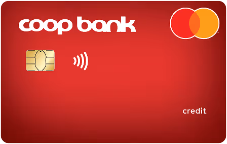 Coop Bank credit card with chip and Mastercard logo on red background.