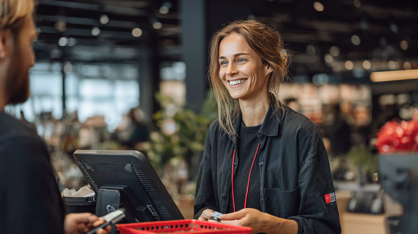 Smilende kvindelig ekspedient hjælper kunde ved kassen med indkøbsvogn i butik.