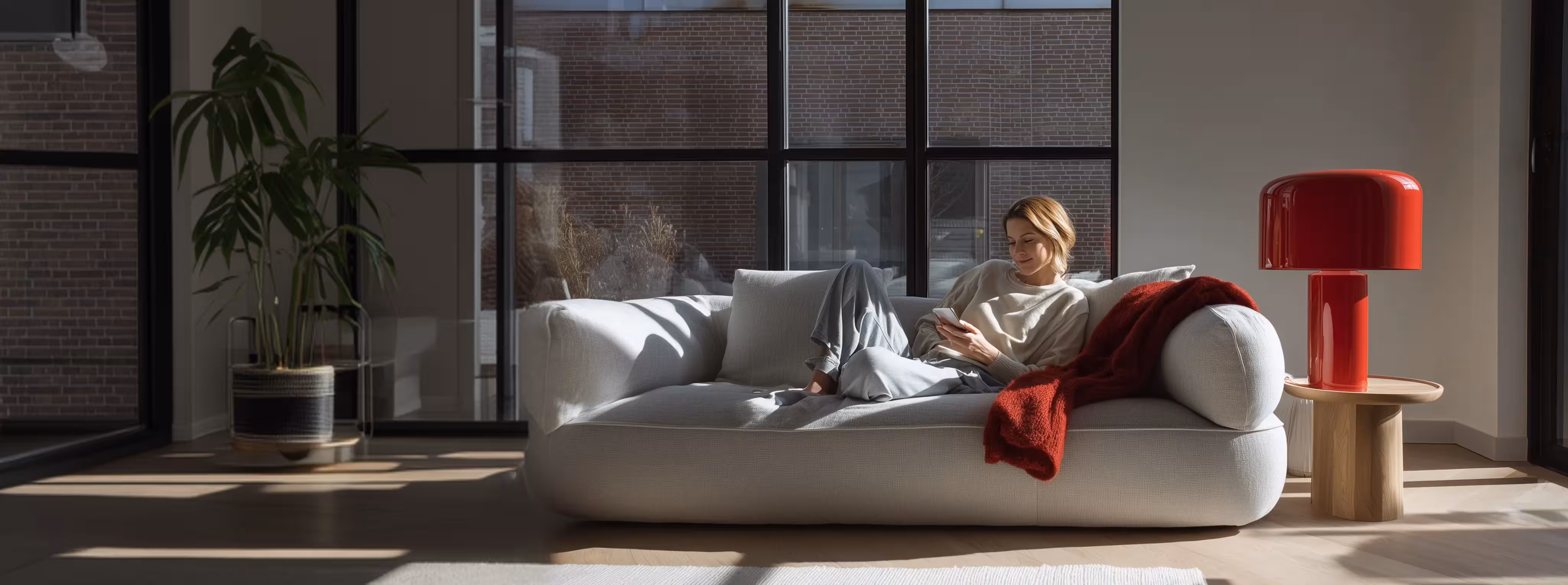Woman sitting on a light gray sofa with a red blanket, looking at her phone in a sunlit modern living room.