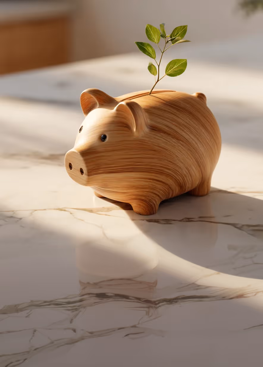 Trækasse i form af en sparegris med en grøn plante, der vokser fra den, på et marmorbord.