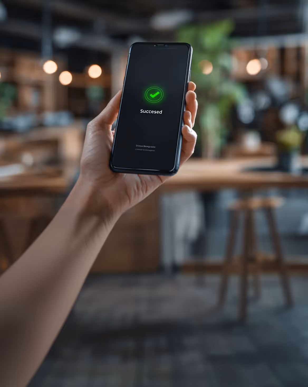 Hånd holder smartphone med en grøn tjekmarkering og teksten 'Succeded' på skærmen.