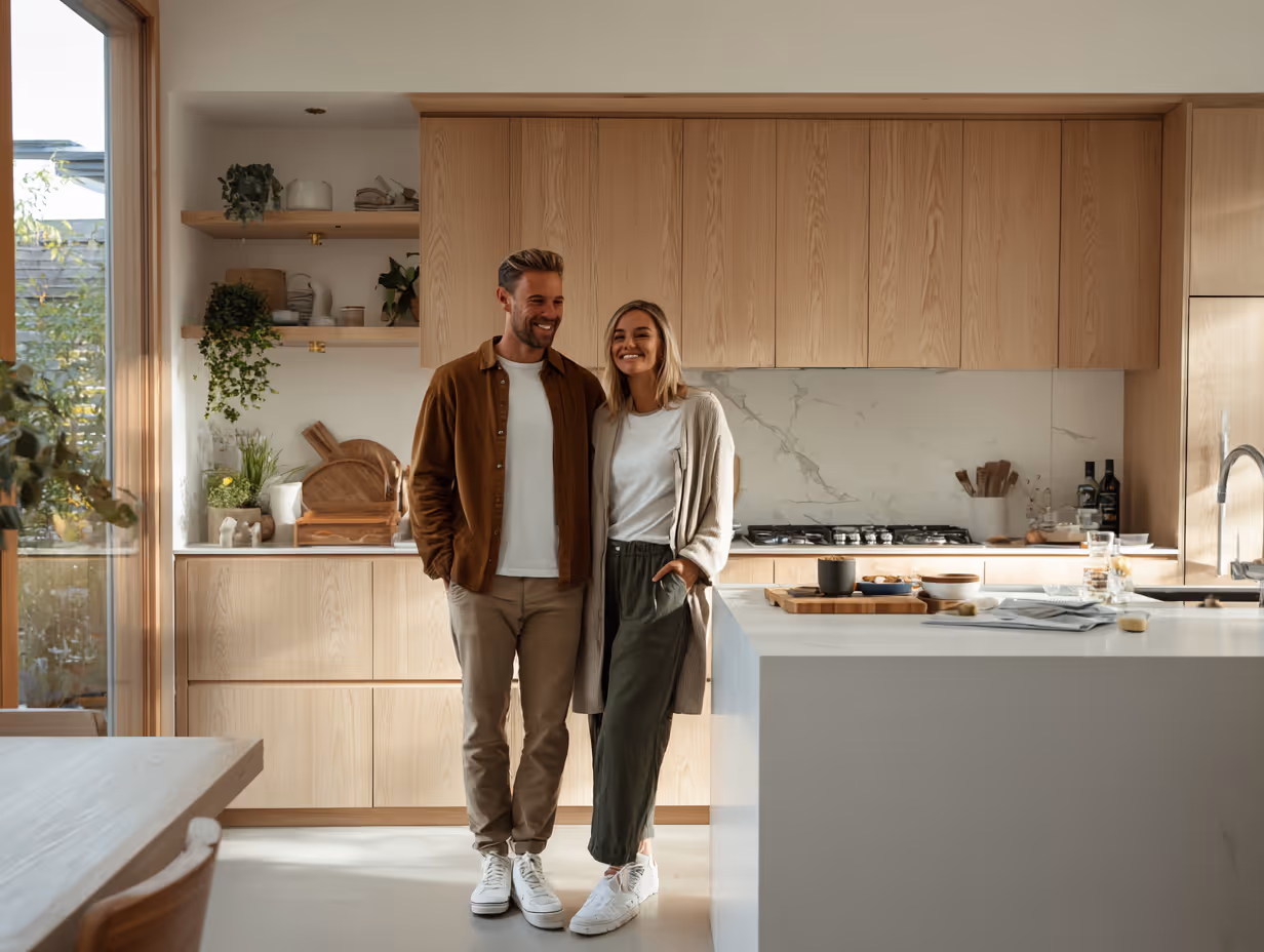 Et smilende par står sammen i et lyst, moderne køkken med trækabinetter og stort køkkenø.