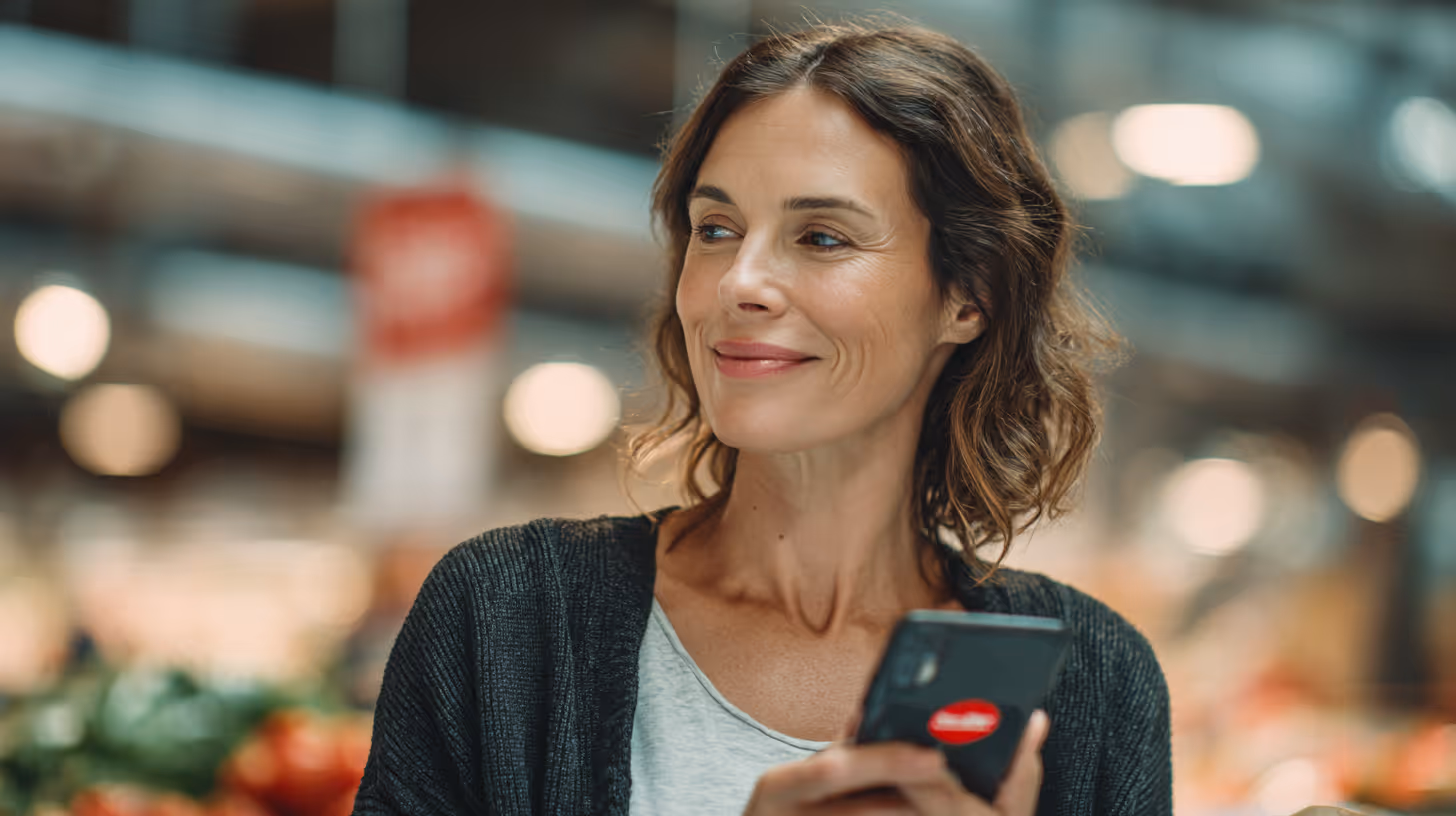 Smiling woman with curly hair holding a smartphone in a softly lit indoor setting.