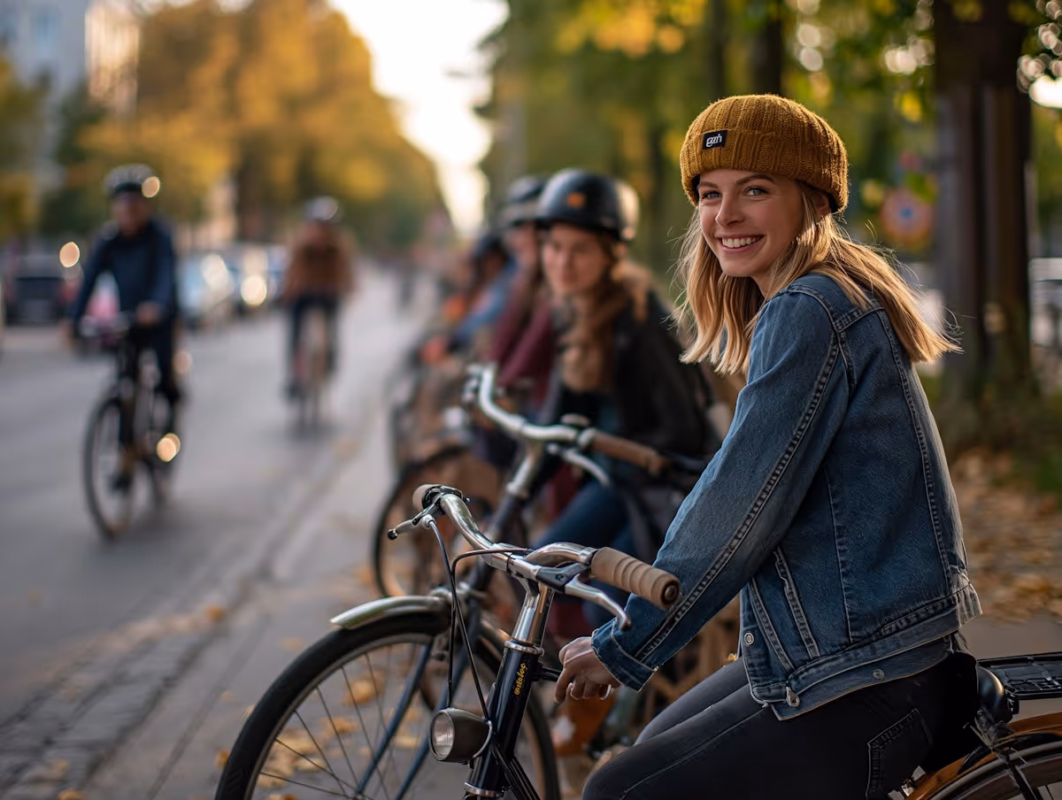 Smiling young woman in a mustard beanie and denim jacket sitting on a bicycle on a tree-lined street.
