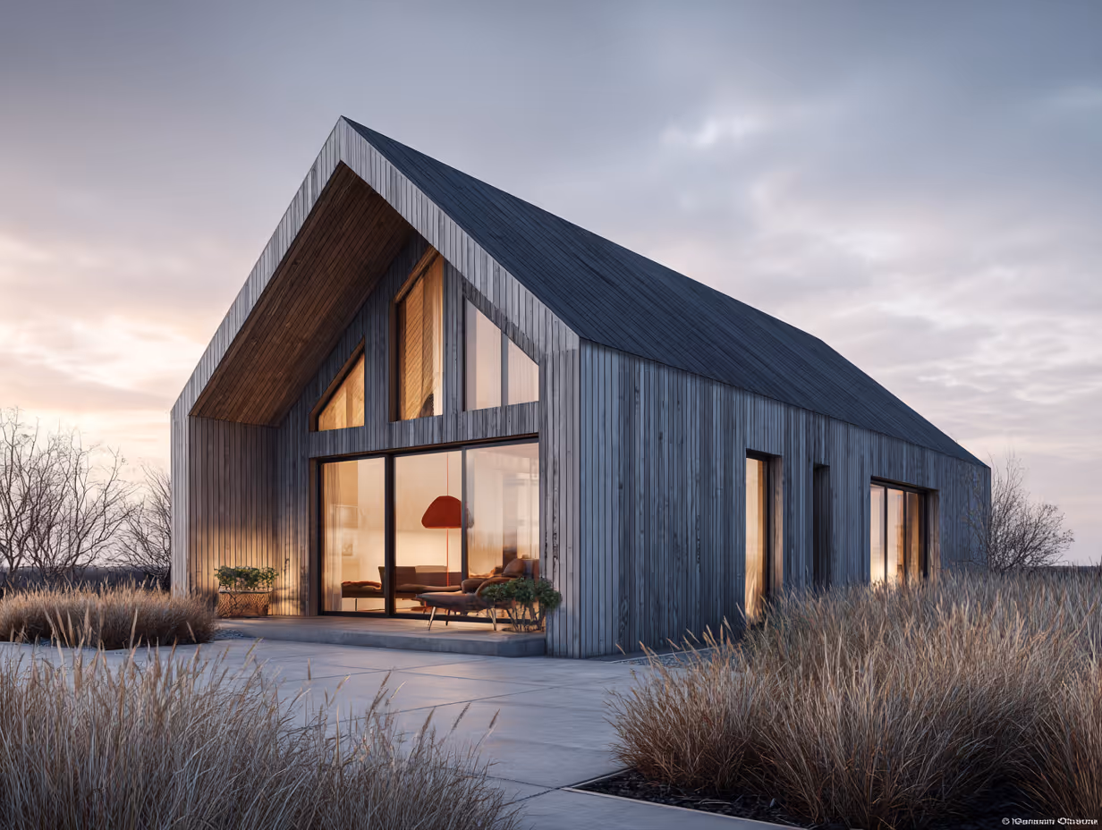 Moderne træhus med store vinduer og varme lys omgivet af gråt græs og en grå himmel.