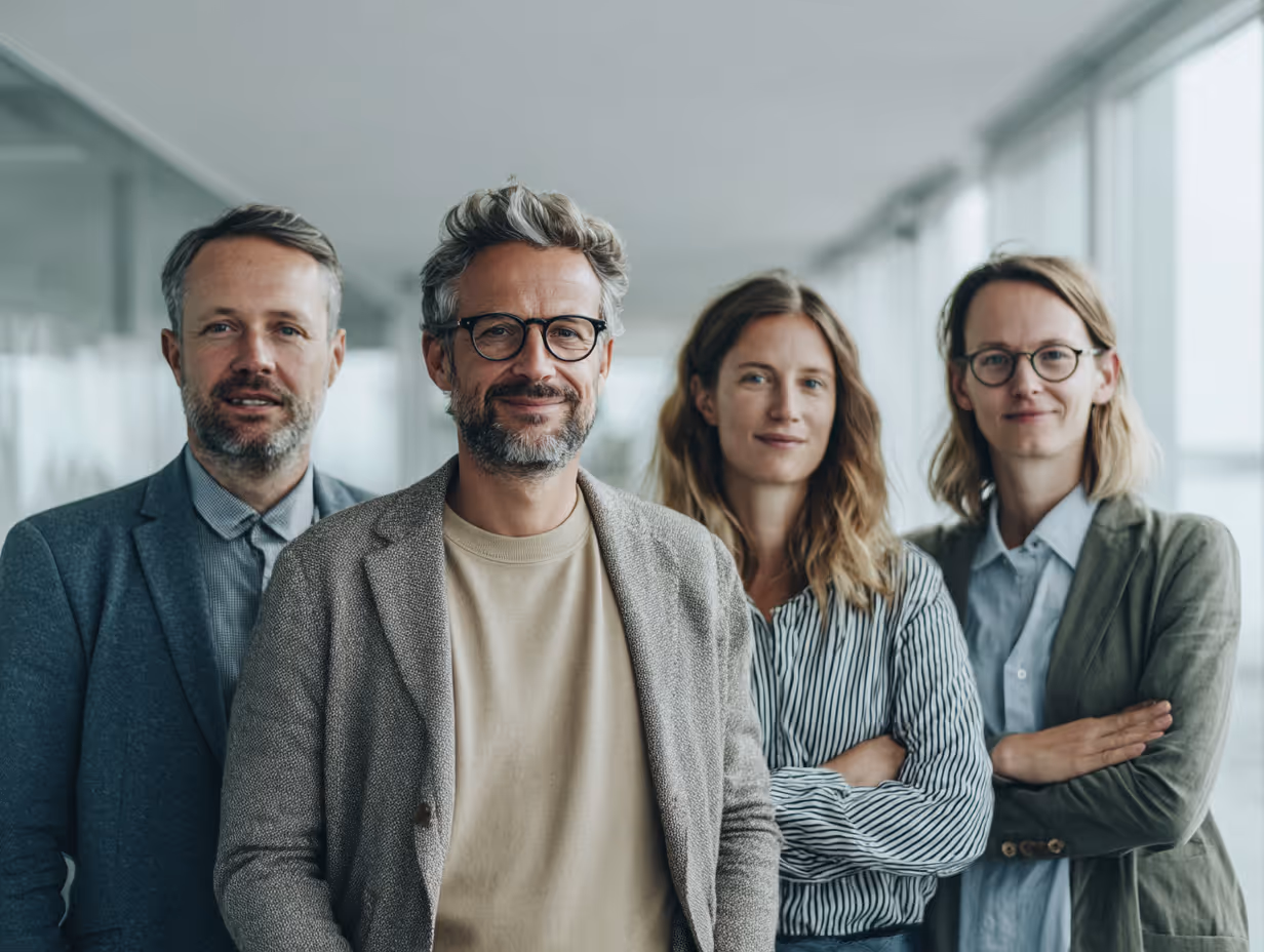 Group of four confident business professionals standing indoors with arms crossed and smiling.