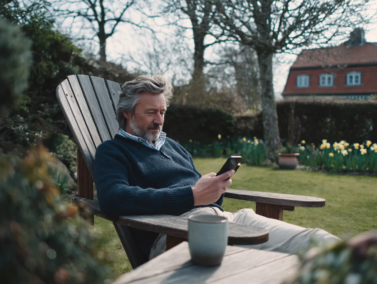 Mand sidder i en træstol i en have og ser på sin smartphone med en kop på bordet foran sig.