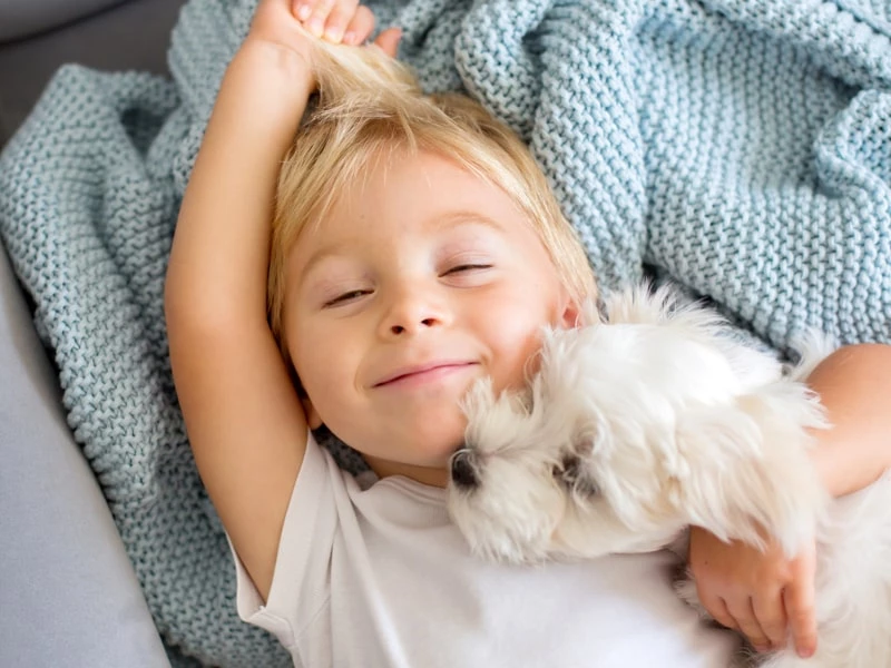 Glad dreng omfavner en lille hvid hund, der ligger på en blå tæppe.