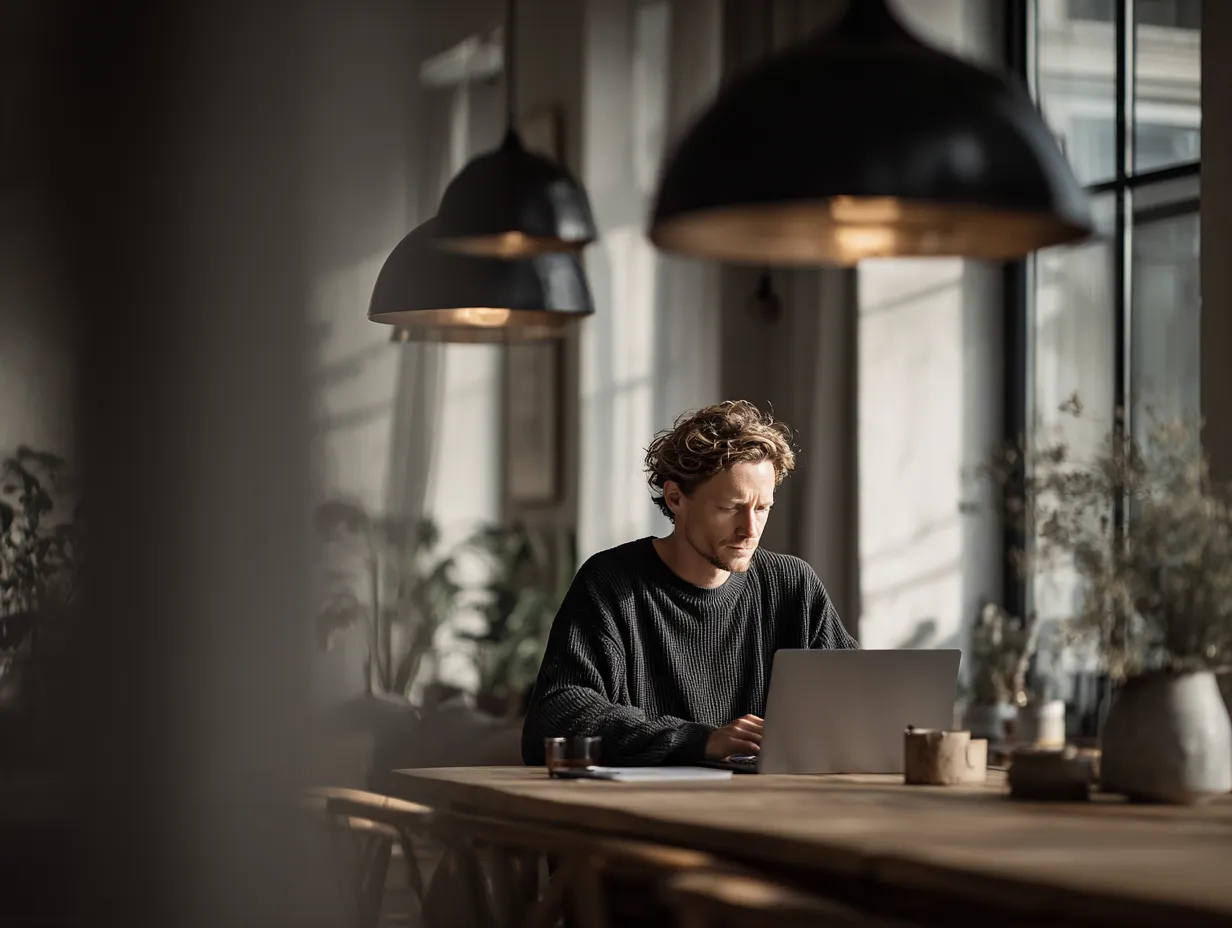 Mand arbejder koncentreret ved bærbar computer på et træbord i et lyst rum med hængende lamper.