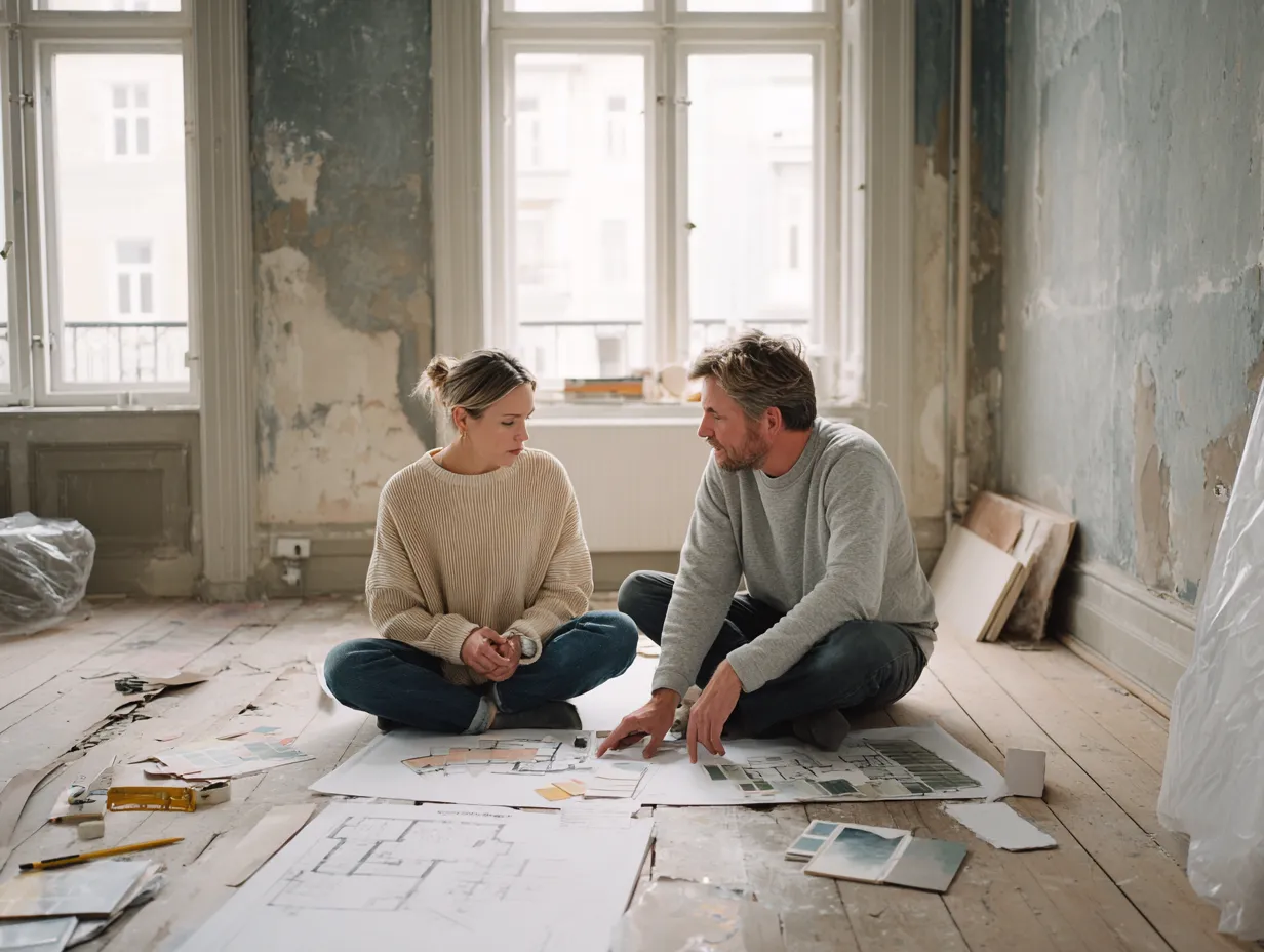 To personer sidder på et trægulv og planlægger renovering med tegninger og farveprøver.