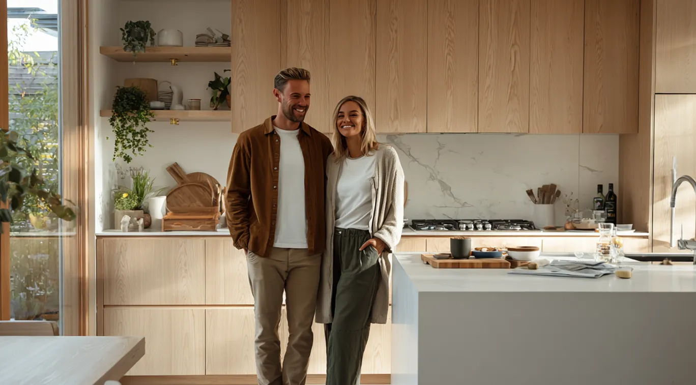 Et smilende par står i et moderne køkken med lyse trækabinetter og køkkenø.