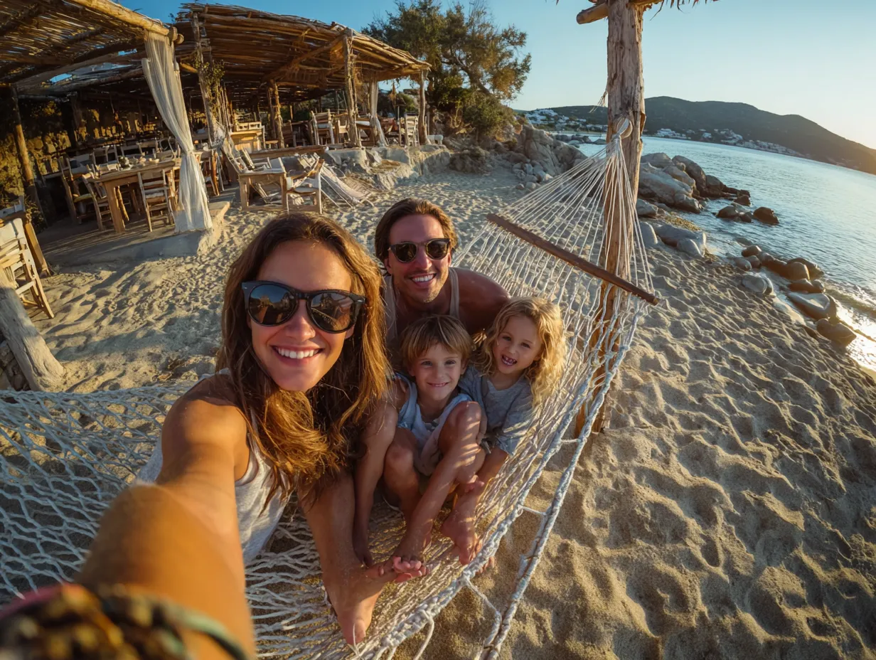 Smilende familie sidder i en hængekøje på en strand ved solnedgang.