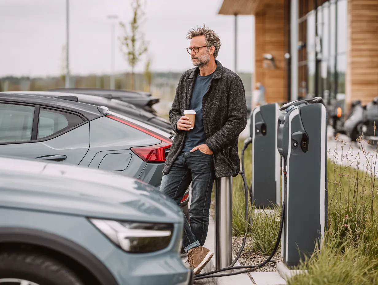 Mand med kaffekop står ved elbilopladningsstation med flere elektriske biler parkeret.