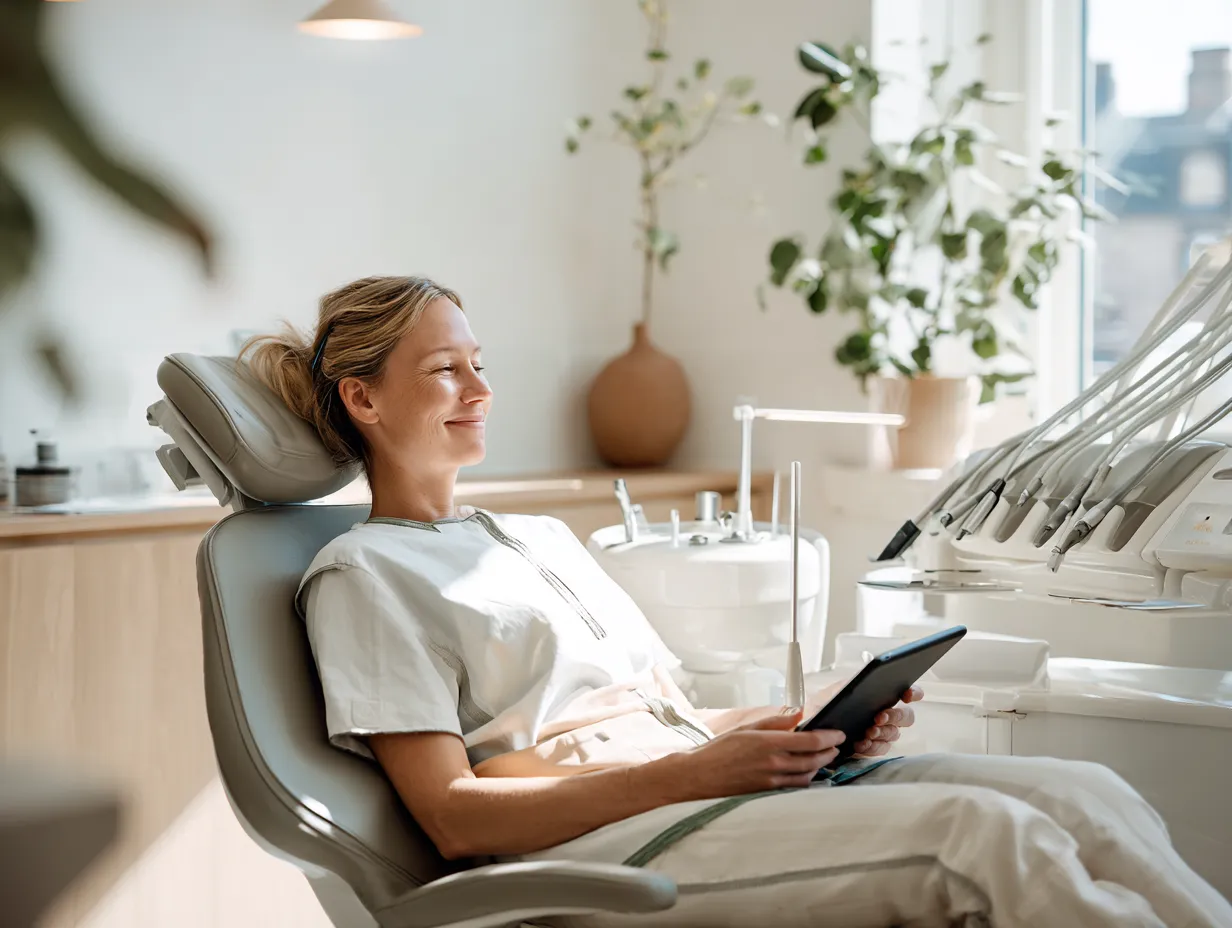 Kvinde sidder afslappet i en tandlægestol og holder en tablet i et lyst klinikrum.