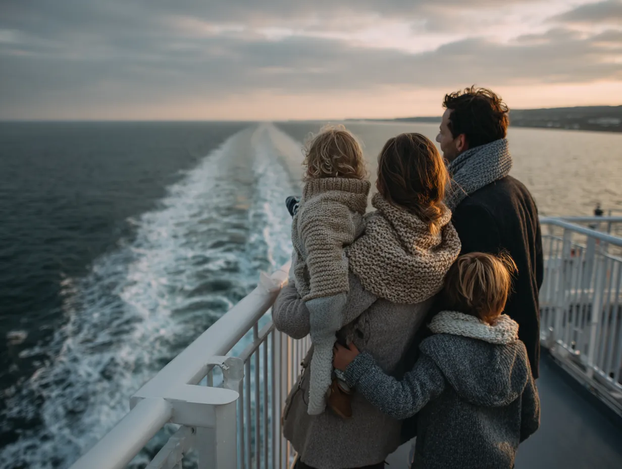 Familie på færge iført tykke trøjer, kigger ud over havet ved solnedgang.