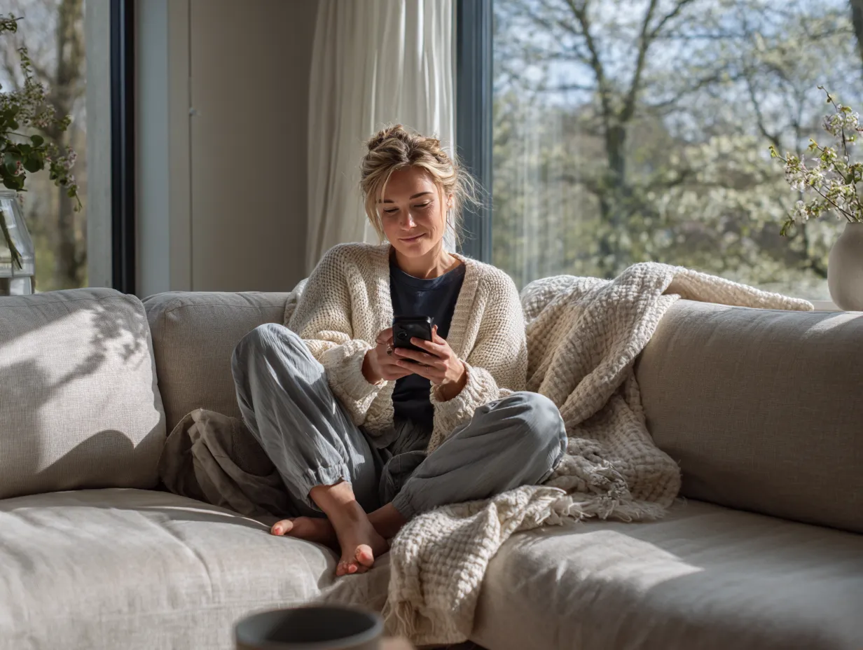 Kvinde afslappet på beige sofa med tæppe og bruger smartphone ved solrigt vindue.