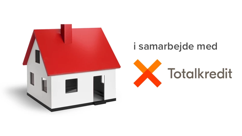 Modelhus med rødt tag og teksten i samarbejde med Totalkredit med orange kryds.