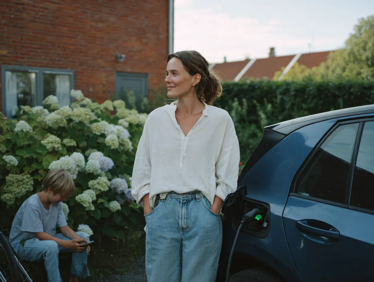 Kvinde ved ladestation til elbil med et barn, der sidder og bruger en smartphone i baggrunden.
