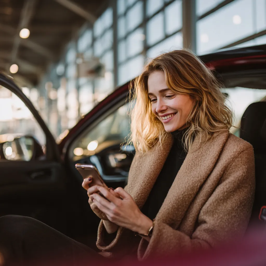 Kvinde sidder i bil, smiler mens hun bruger en smartphone.